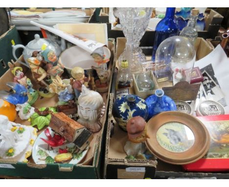 Four trays of assorted ceramics, glassware and collectables to include an asparagus dish, Oriental teapot etc
