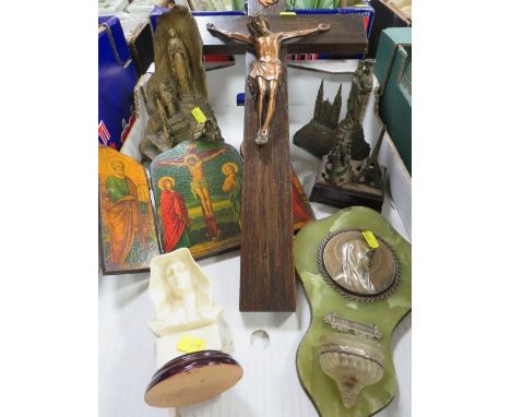 A tray of religious themed items to include a crucifix and a Holy Water wall mounted font etc.