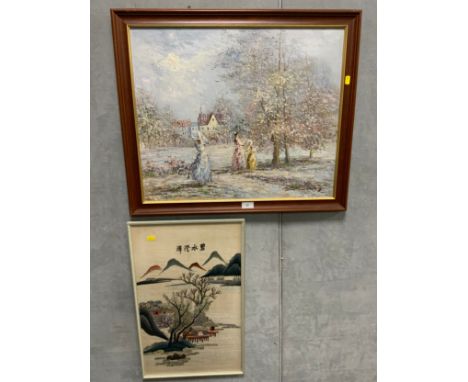 An impressionist oil on canvas together with an Eastern textile picture (2)