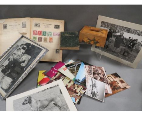 A vintage Jubilee stamp album and contents, along with a quantity of postcards, photographs, ephemera etc