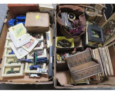 Two trays of vintage collectables to include toys, cigarette cards etc