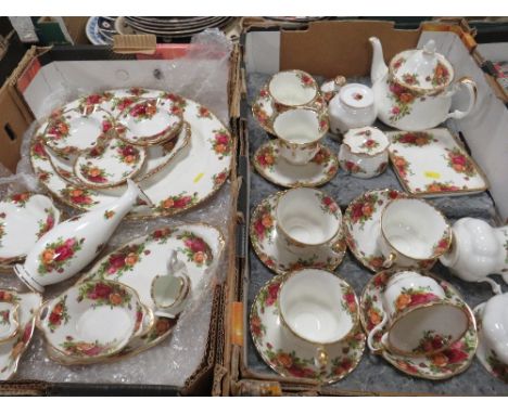 Three trays of Royal Albert Old Country Roses teaware to include Teapot, cups/saucers milk/sugar 6 of each size plates etc