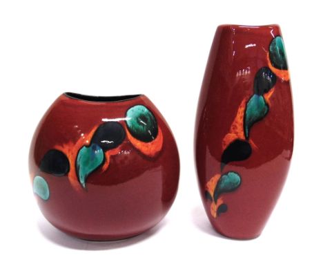 TWO POOLE POTTERY 'ODYSSEY' PATTERN VASES  from the Living Glaze collection, a large purse vase 26cm high and another similar