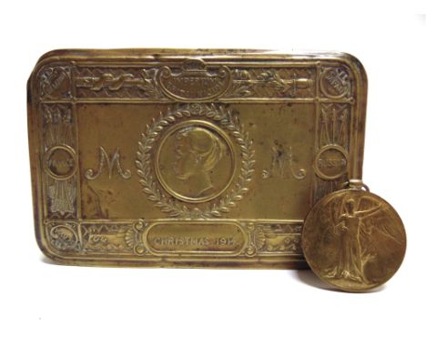 A GREAT WAR PRINCESS MARY CHRISTMAS 1914 BRASS GIFT TIN  together with a Victory Medal to Private E. Harry, Devonshire Regime