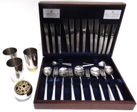 STUART DEVLIN FOR VINERS:  three stainless steel and gilt metal beakers 12cm high and a stainless steel pot pourri with gilt 