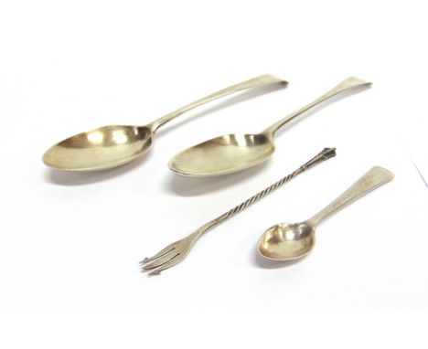 AN EXETER SILVER BOTTOM MARKED SCROLL BACK TABLESPOON by Thomas Eustace, 1778, monogrammed, 21cm long; with a London 18th cen