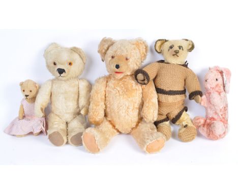 A charming collection of x5 antique / vintage teddy bears. Comprising; a vintage Chad Valley pink and polka-dot rabbit, a lar