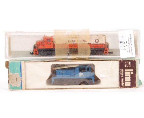 Two N gauge model railway trainset locomotives - the first being a Life-Like Trains 07786 ICG, and the other a Lima Micro Mod