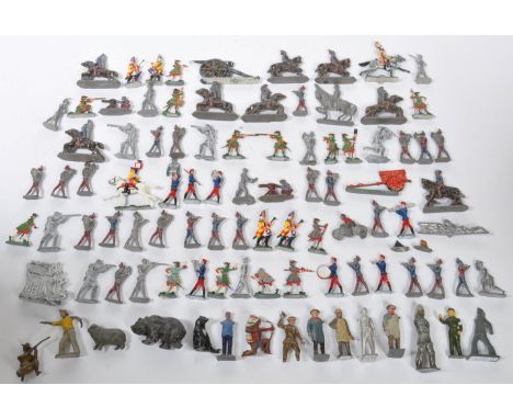A collection of assorted vintage lead toy soldiers and figures to include Britains, military, animals, semi flats, farms, can