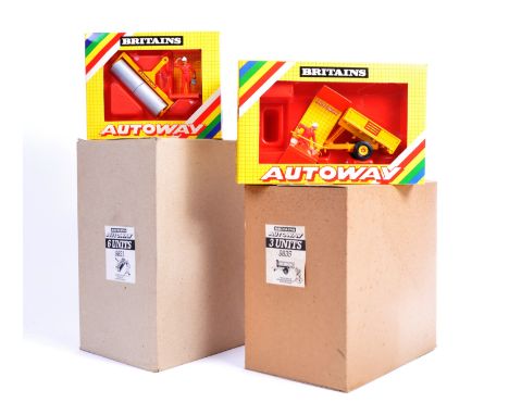 Two original vintage Britains Autoway ex shop stock boxes to include; 9831 Heavy Roller box with 6x units and 9835 Tipping Tr