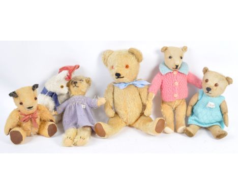 A collection of x6 antique and vintage teddy bears - all appearing to be British, to include; - (blue bow) a 1940's English t