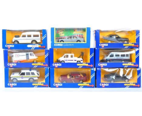 A collection of 9x Corgi scale diecast models comprising: C597/3 Range Rover Police, C674/2 Ford Transit RAC recovery, C676/7