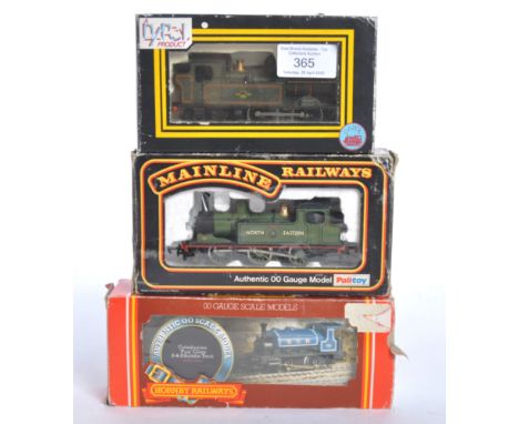 Three original 00 gauge model railway train set locomotives comprising a Dapol BR Green livery 1466 tank loco, Mainline locom