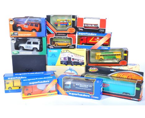 A collection of 15x assorted scale diecast models to include Corgi 97181 Timpsons AEC Regal Coach, 97735 Morris J Van &amp; B