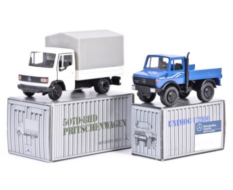 Two vintage Mercedes Benz made 1/43 scale boxed precision diecast model construction vehicles - a Unimog U2100 and 507D-811D 