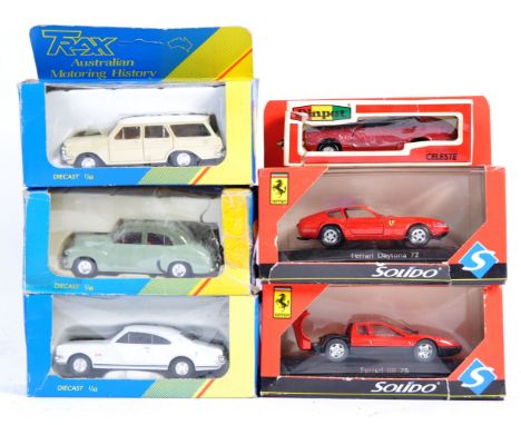 A collection of 6x 1/43 precision scale diecast models comprising: Solido Ferrari BB76, Solido Daytona 72, Diapet Yonezawa G-