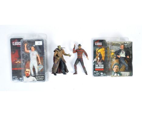 A collection of 4x Neca Reel Toys horror action figures to include Hannibal Lecter The Silence Of The Lambs, Leatherface The 