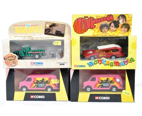 A collection of 4x Corgi TV / film related diecast models comprising 2x CC87501 Charlie's Angels Van, 07104 Daktari Land Rove