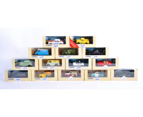 A collection of 14x Corgi made boxed scale diecast models to include Sunlight Soap, Jaguar E Type, Birds Custard, Walls, Merc