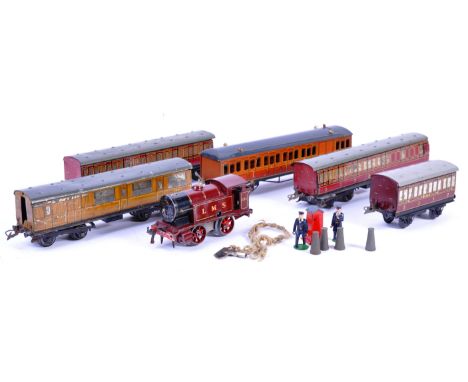 A collection of original vintage Hornby Series made 0 Gauge model railway train set items to include 2115 LMS clockwork locom