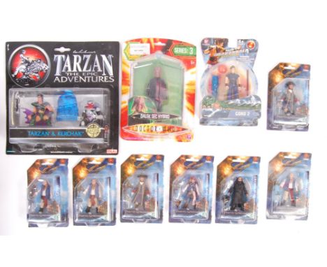 A collection of 10x assorted carded action figures - to include; Ideal made ' Tarzan - The Epic Adventures ', Doctor Who, Dra