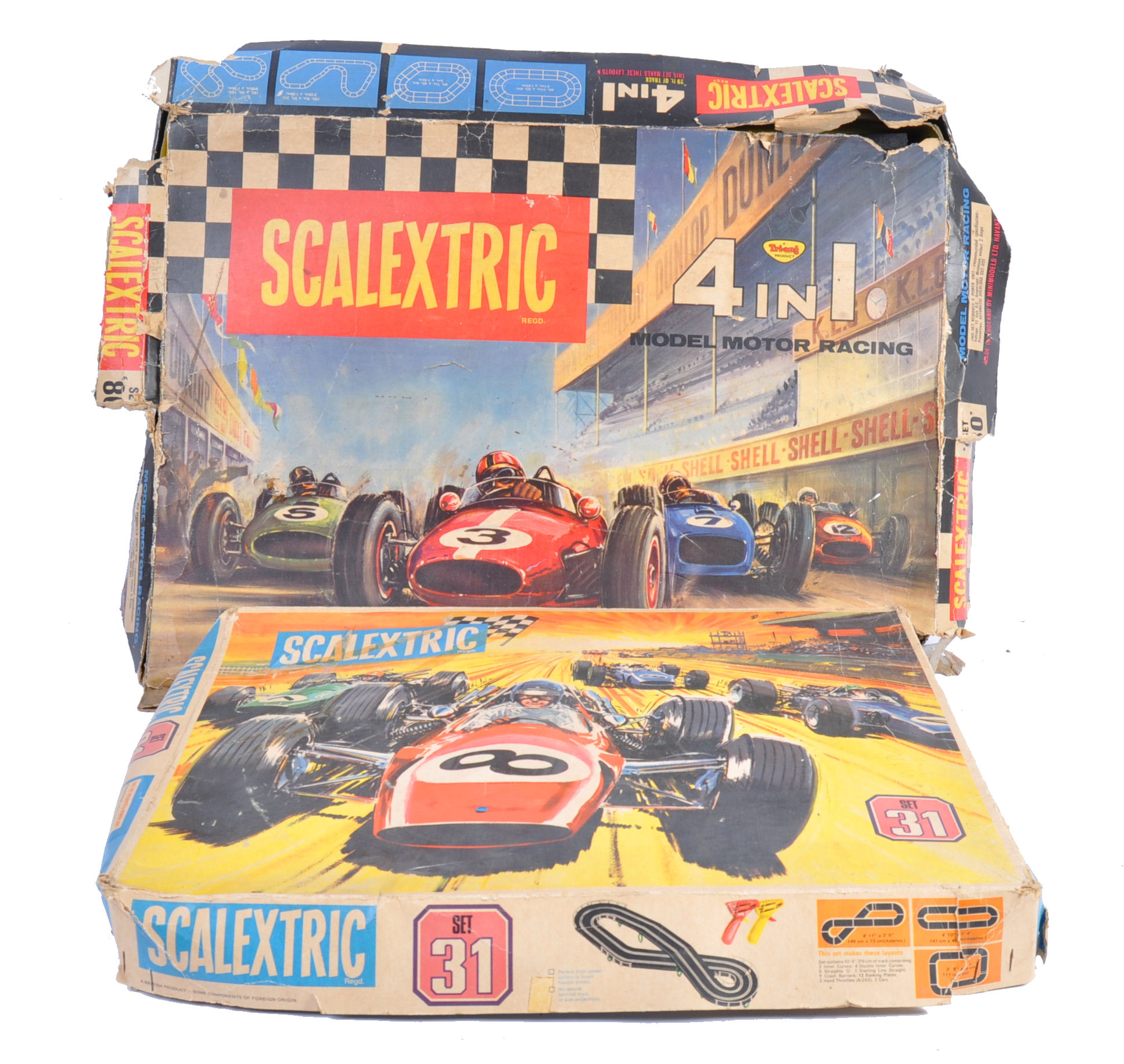 Two original vintage Scalextric made 1/32 scale slot racing car sets comprising a 4 in 1 set with