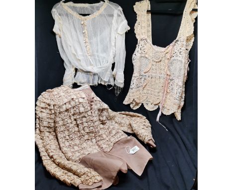 Net blouse with silk ribbon fraying to the ribbon on sleeves, vintage lace handsewn sleeveless blouse in good condition tw a 