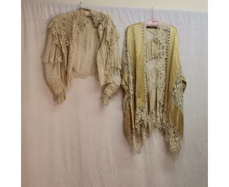 Silk chiffon and lace Edwardian blouse, 92cm chest t/w lace and silk satin jacket slight loss of thread &amp; 2 small holes 
