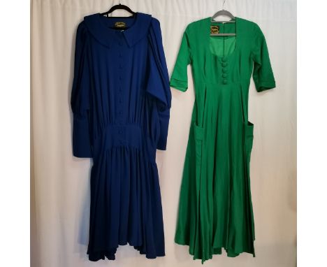 2 1970s Droopy &amp; Browns dresses by Angela Holmes, blue wool with full sleeves, large cuffs with drop waist, some marks to