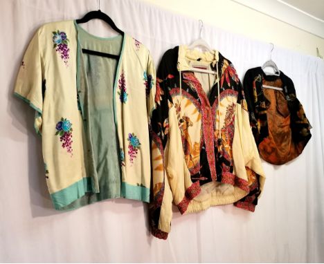 Silk creme floral pattern blouse, 80s jacket with red Indian pattern, Chinese black silk balero blouse 