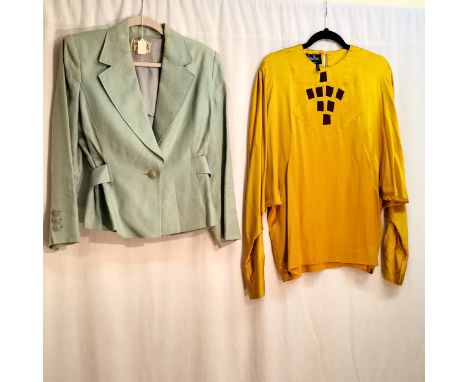 Hermes linen jacket with belt-  slightly stained T/W Jean Muir yellow silk blouse with purple applique 