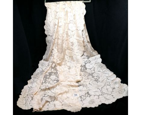 Silk Blonde cream Lace shawl rectangular 105 cm x 90 cm t/w Embroidered silk fringed scarf. 