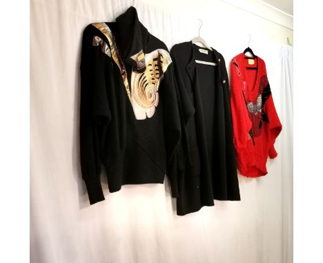 3 1980s items, one black jumper with leather apiece, 1 black wool cardigan with brass button by Sonia Rykel, 1 red jumper wit
