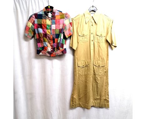 1970's Polly Peck Khaki safari dress size 10 t/w Clobber cotton multi-colour patchwork blouse. 