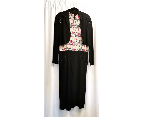 1940's red &amp; black &amp; cream dress patterned top with button trim &amp; short jacket also with button trim - chest 96cm