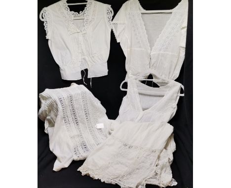 3 x broderie anglaise Edwardian cotton camisoles t/w 1930's cotton blouse and white cotton petticoat embroidered and trimmed 