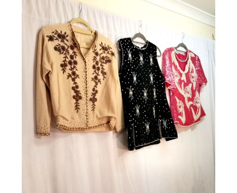 1950s wool cardigan with beaded applique, small moth hole to rear, 1 black wool sleeveless jumper with beadwork and sequins, 