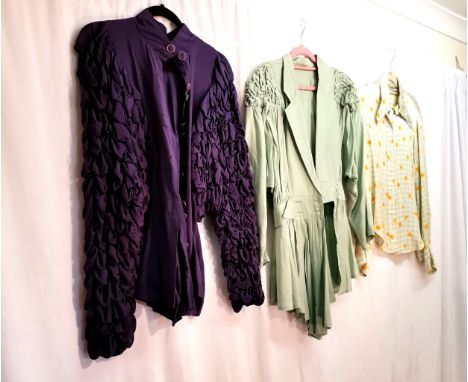 3 1970's Blouses, 1 purple long sleeved ruched by Eric Andres, 1 green long sleeved blouse with ruching on shoulders, 1970s b