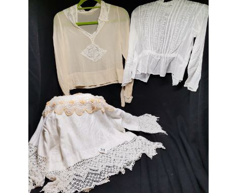 1920s crepe long sleeved blouse trimmed with lace and pearl buttons, Edwardian fine cotton and lace long sleeved blouse and h
