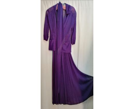 1960's /70's Purple knitted gown and matching jacket &amp; scarf By Frank Usher. In good used condition 