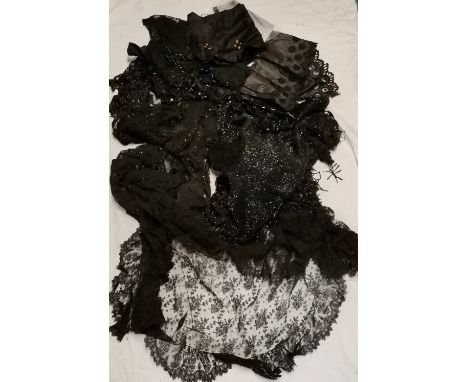 Various Victorian Black Beadwork lace including scarf worn to meet the pope. 