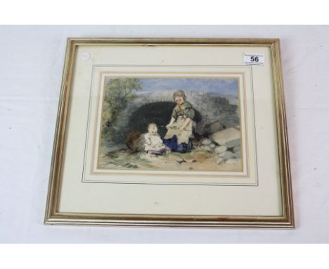 William Evans (of Bristol 1809-1858) Portrait of an older and younger child by a bridge, Watercolour, Signed 17 x 24cm, Prove