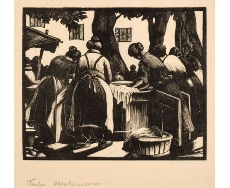 * Leighton (Clare Veronica Hope, 1898-1989). Toulon Washerwomen, 1925, wood engraving, on tissue thin Japan, a fine, black pr