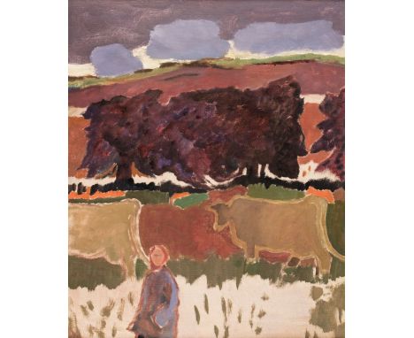 * Carrington (Joanna, 1931-). Woman with Cows,1990, oil on canvas, depicting a landscape with countrywoman and cattle, signed