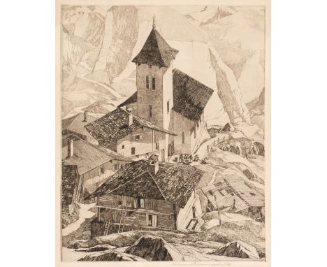 ARR * Beaumont (Leonard 1891-1986). Italian Mountain Village, etching on pale cream laid paper (watermark Figure Standing on 