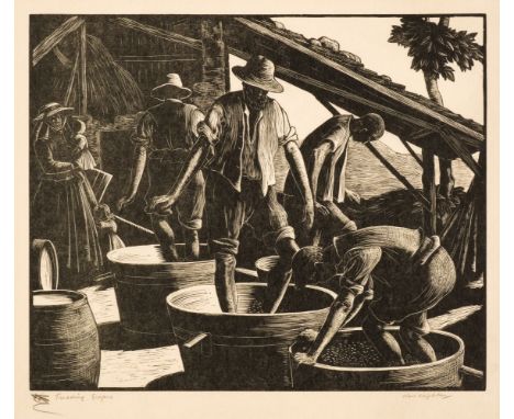 * Leighton (Clare Veronica Hope, 1898-1989). Treading Grapes, 1928, wood engraving, on soft, fibrous, tissue-thin Japan with 