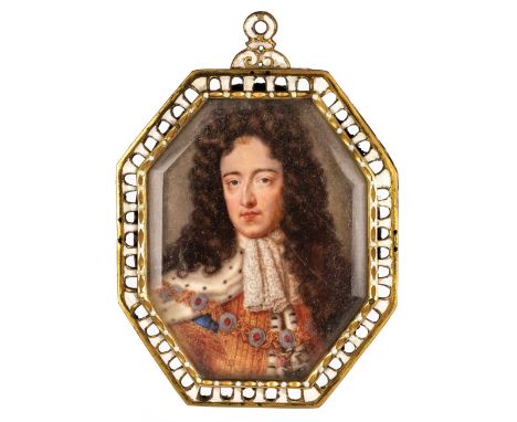 * English School. Portrait miniature of King William III, early 18th century, half-length portrait on enamel, in a gilt metal