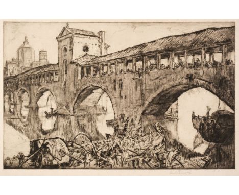 ARR * Brangwyn (Frank, 1867-1956). Old Bridge, Pavia, 1926, drypoint etching on pale cream wove paper, from the published edi