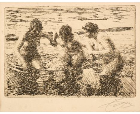 * Zorn (Anders, 1860-1920). Against the Current, 1919, etching on ivory laid paper, signed in pencil lower right, with full m