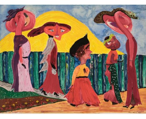 * Collis (Maurice, 1889-1973). Female figures, 1958, gouache on card, depicting a bright landscape with 5 female figures, ini
